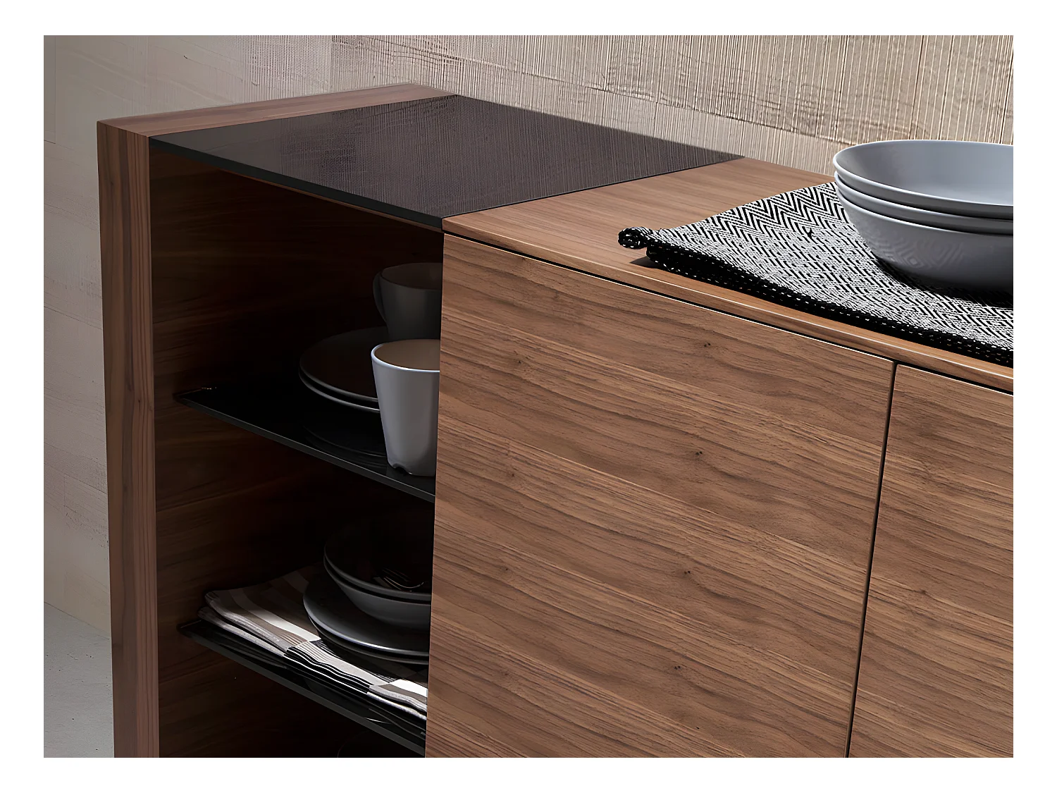 Dressoir van notenhout en zwart getint glas 3140 ANGEL CERDA