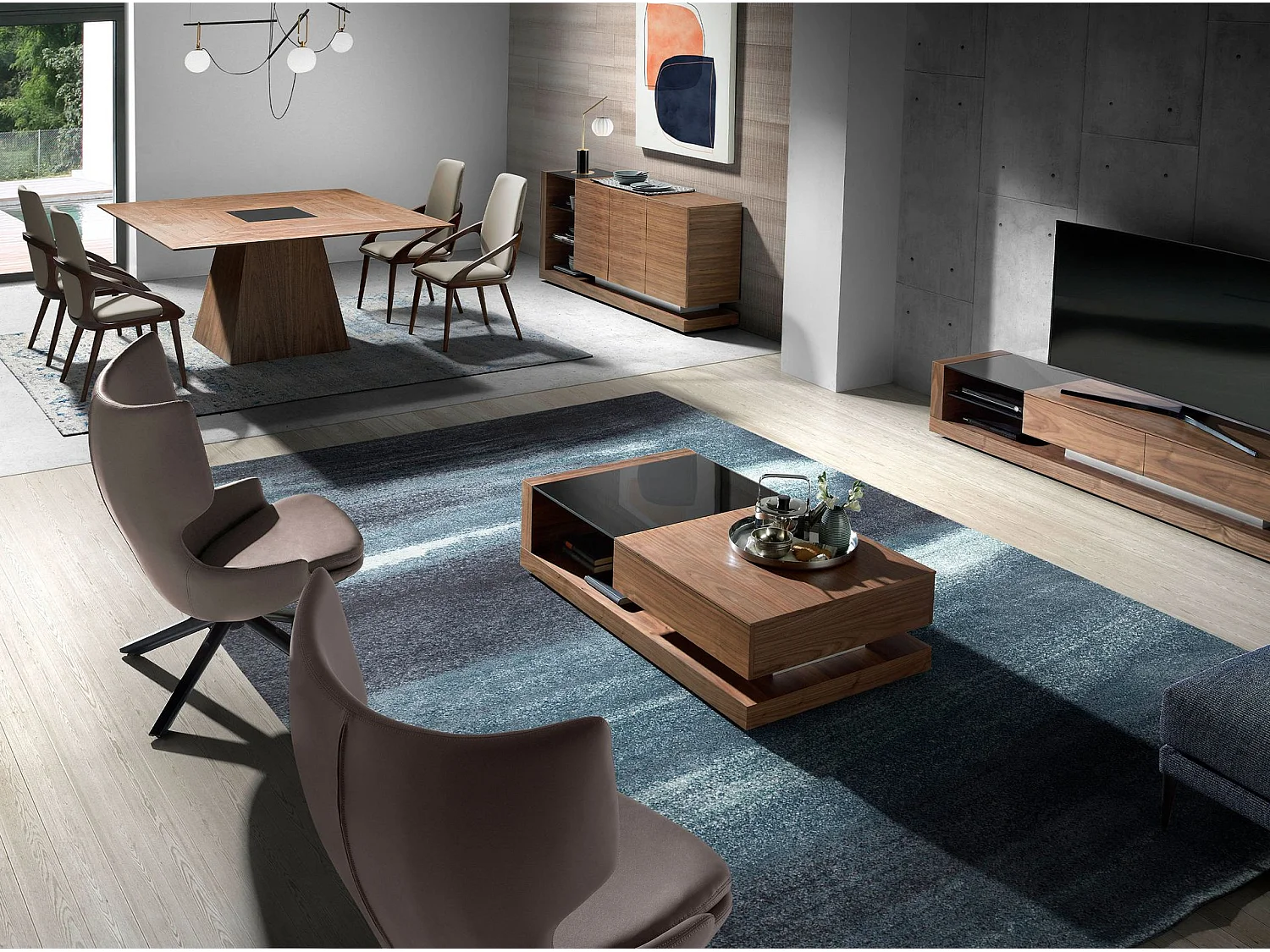 Credenza noce, acciaio spazzolato e piano in vetro nero 3140 ANGEL CERDA