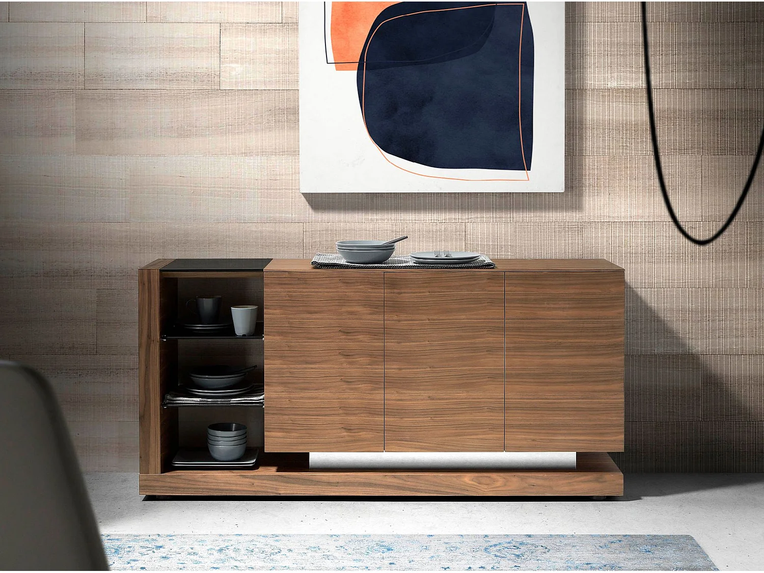 Dressoir walnoot, gepolijst staal en zwart glazen blad 3140 ANGEL CERDA