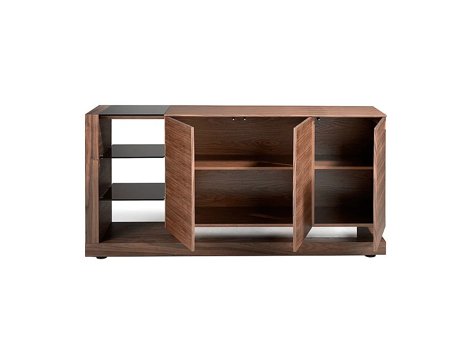 Dressoir walnoot, gepolijst staal en zwart glazen blad 3140 ANGEL CERDA