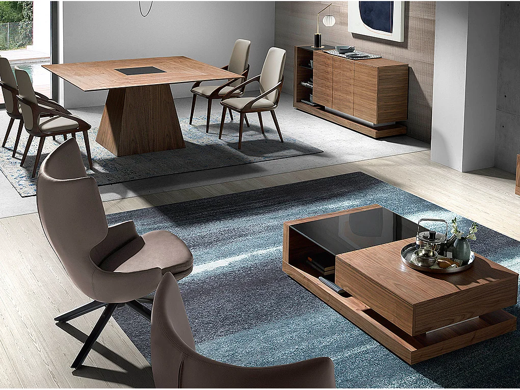 Dressoir walnoot, gepolijst staal en zwart glazen blad 3140 ANGEL CERDA