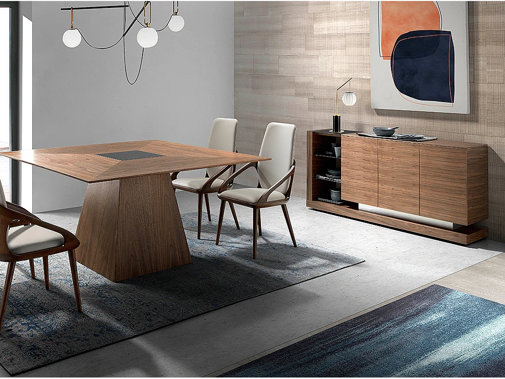 Dressoir walnoot, gepolijst staal en zwart glazen blad 3140 ANGEL CERDA