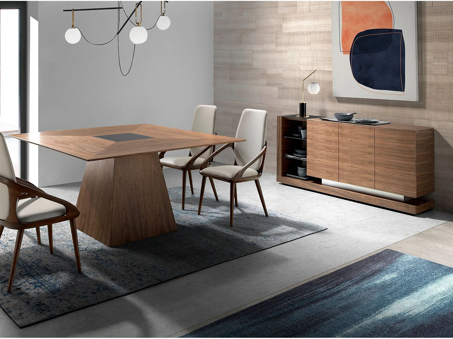 Sideboard Nussbaum, gebürsteter Stahl und schwarze Glasplatte 3140 ANGEL CERDA