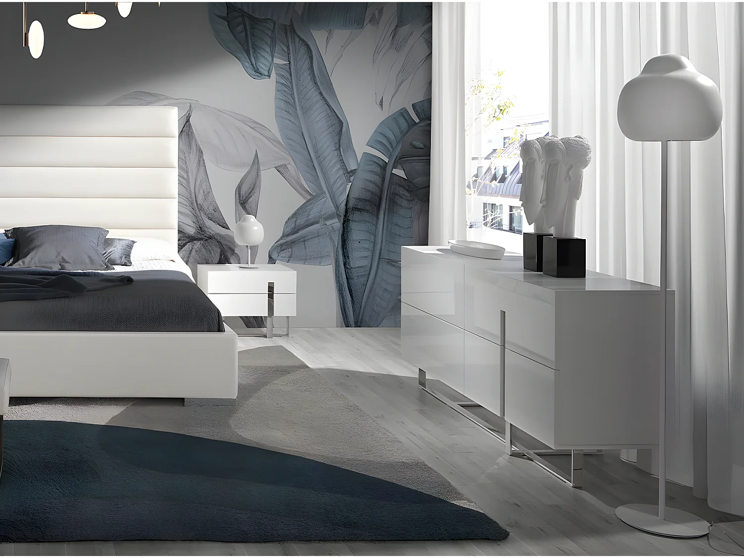 Kredens z białego drewna i chromowanej stali