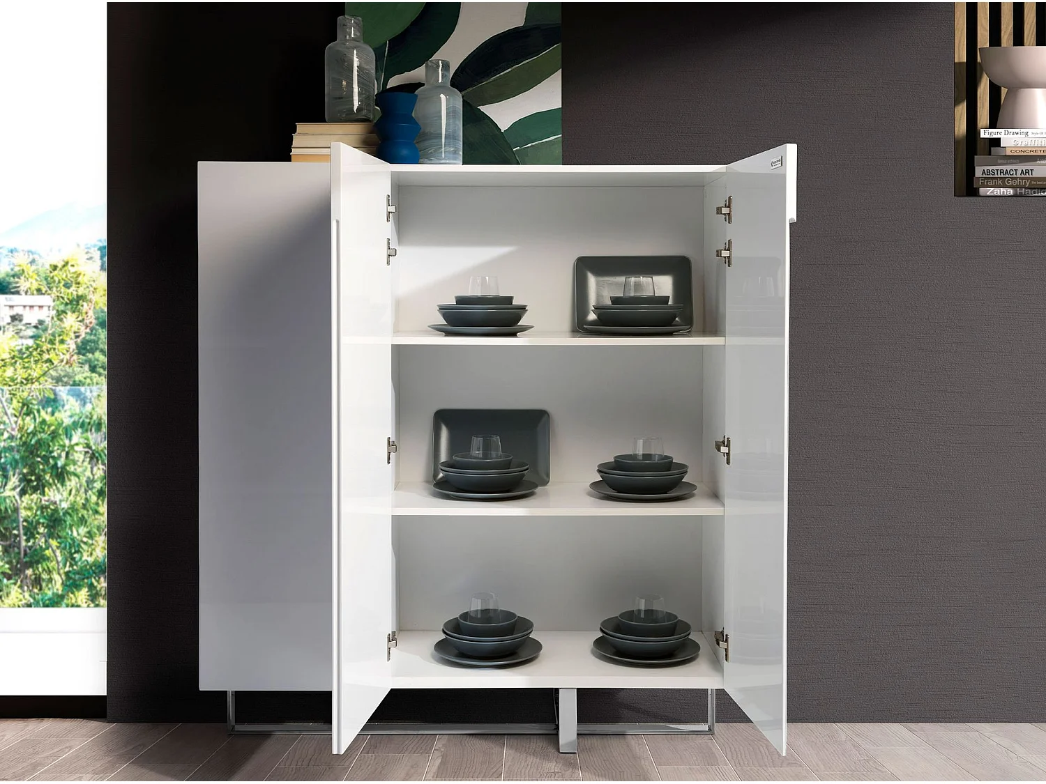 Buffet haut en bois blanc et acier chromé 3053 ANGEL CERDA