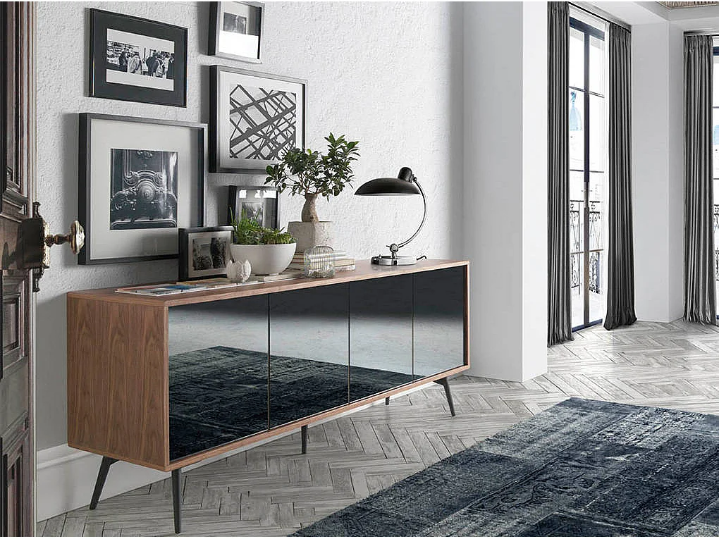 Kredens z czarnego szkła z efektem lustra, orzecha włoskiego i czarnej stali 3061 ANGEL CERDA