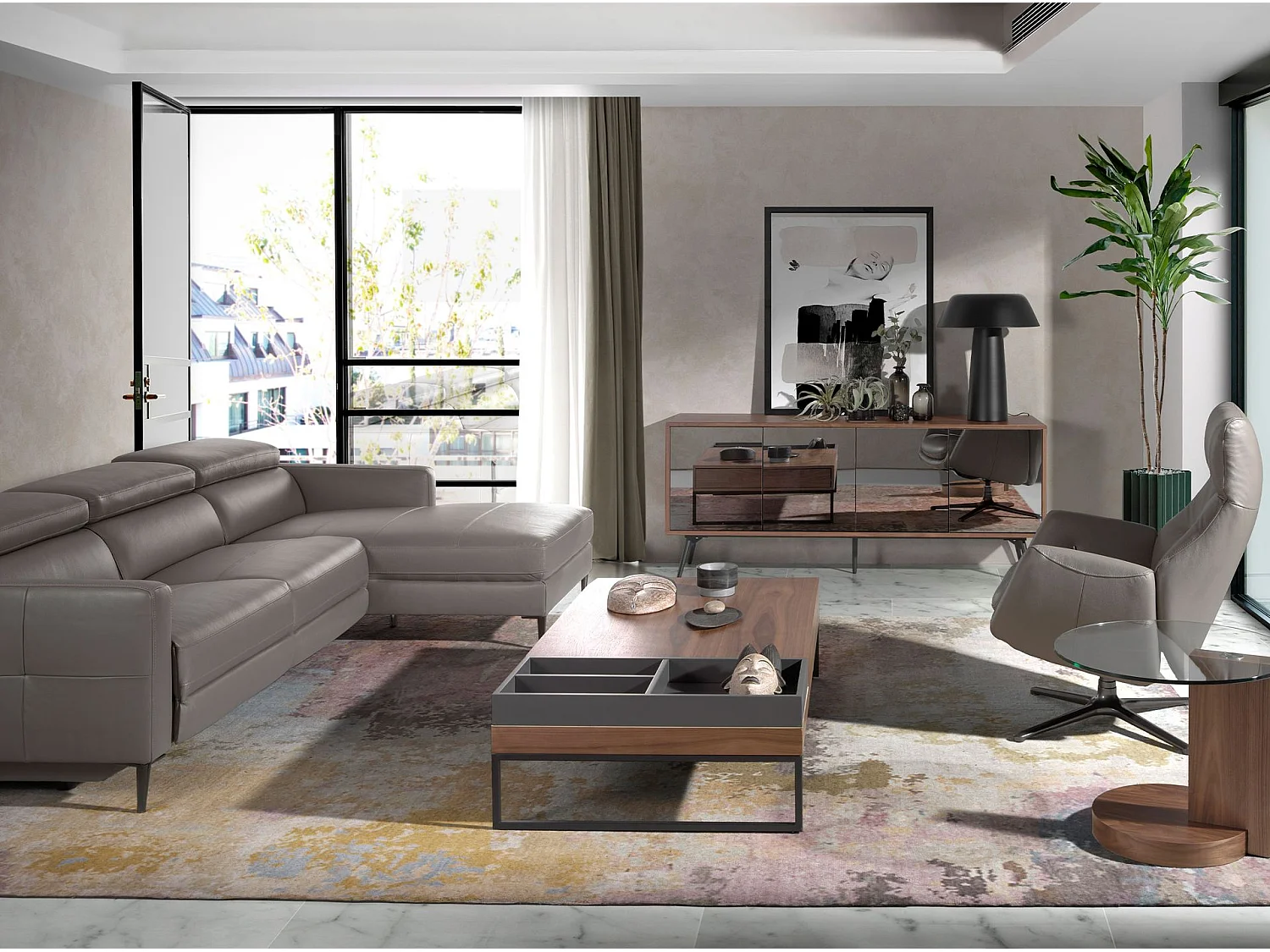 Sideboard aus schwarzem Glas mit Spiegeleffekt, Walnuss und schwarzem Stahl 3061 ANGEL CERDA