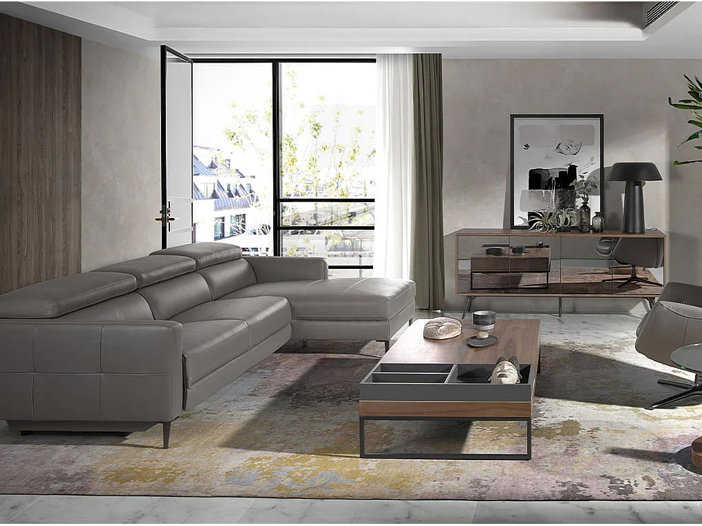 Sideboard aus schwarzem Glas mit Spiegeleffekt, Walnuss und schwarzem Stahl 3061 ANGEL CERDA