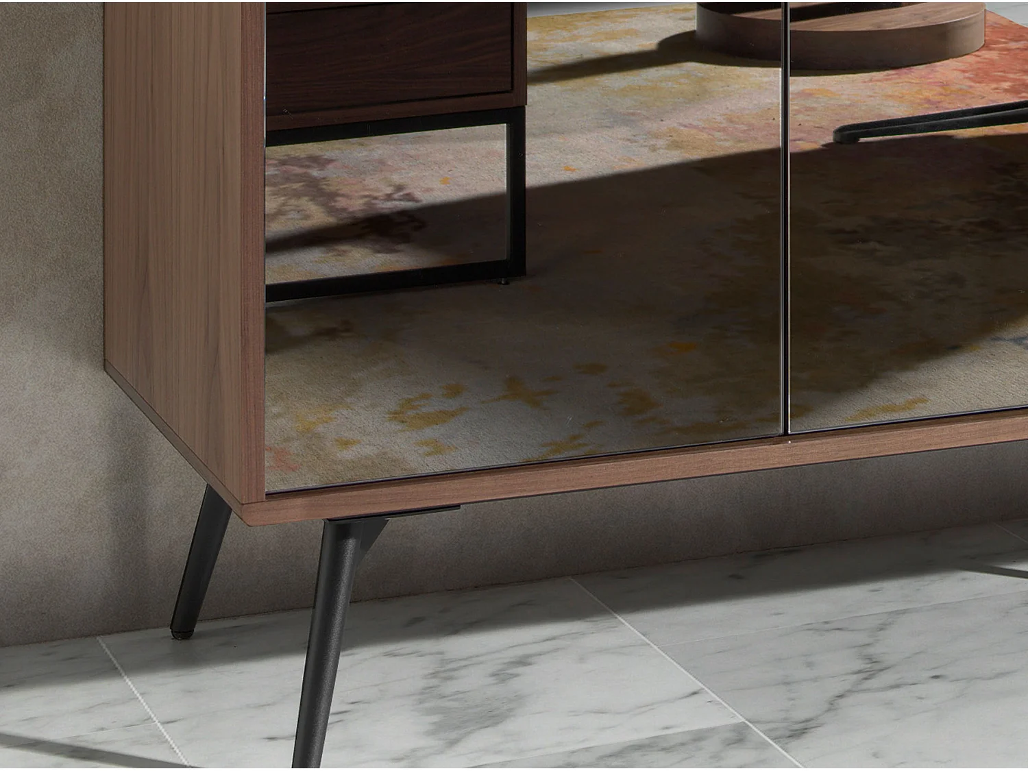 Sideboard aus schwarzem Glas mit Spiegeleffekt, Walnuss und schwarzem Stahl 3061 ANGEL CERDA