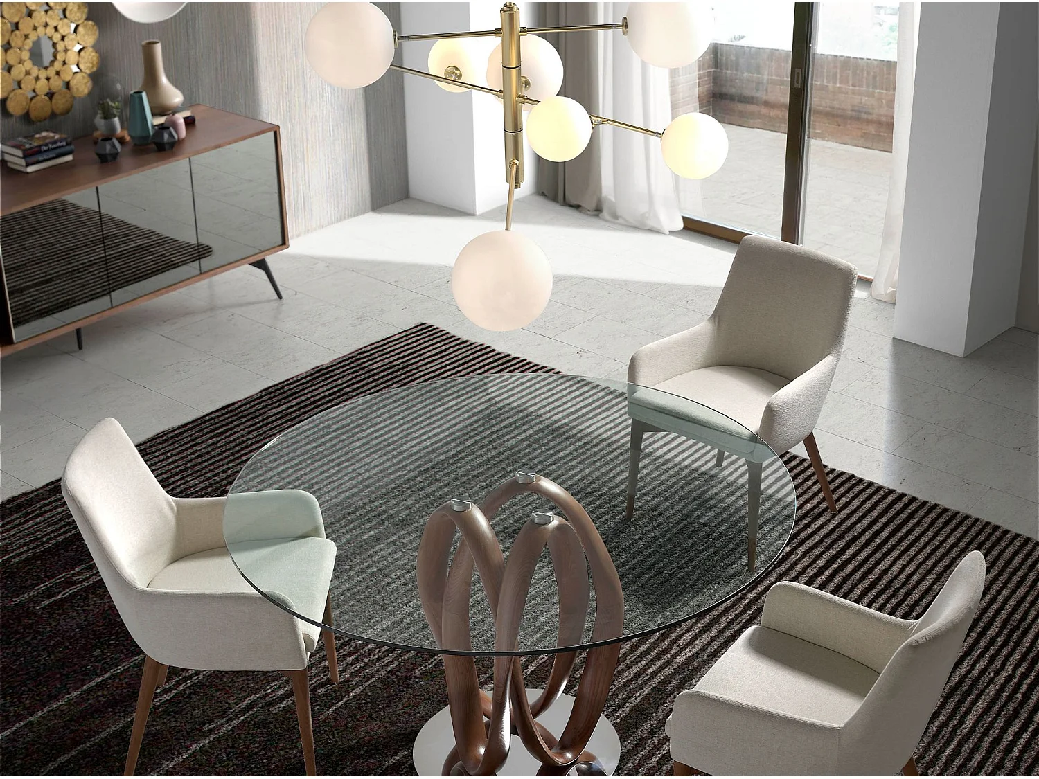 Sideboard aus schwarzem Glas mit Spiegeleffekt, Walnuss und schwarzem Stahl 3061 ANGEL CERDA