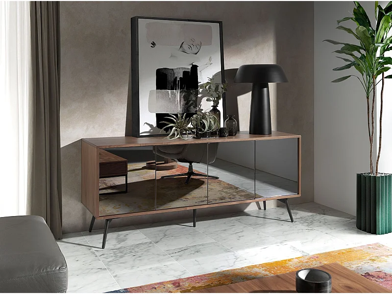 Sideboard aus schwarzem Glas mit Spiegeleffekt, Walnuss und schwarzem Stahl 3061 ANGEL CERDA
