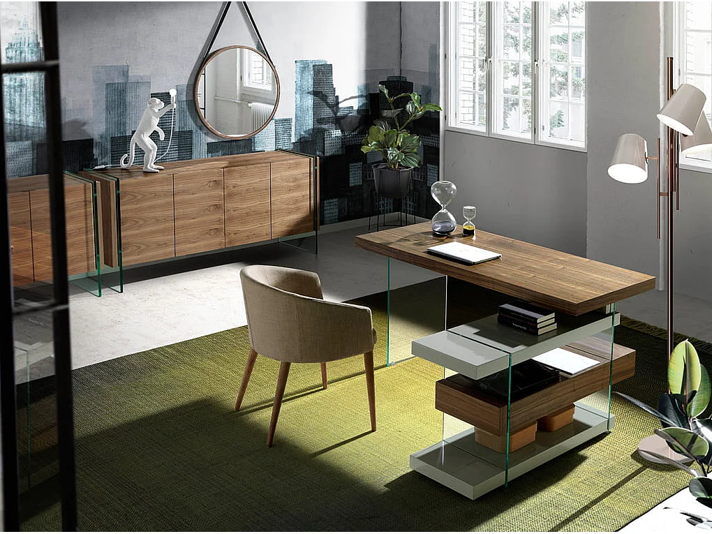 Kredens z orzecha włoskiego i szkła hartowanego