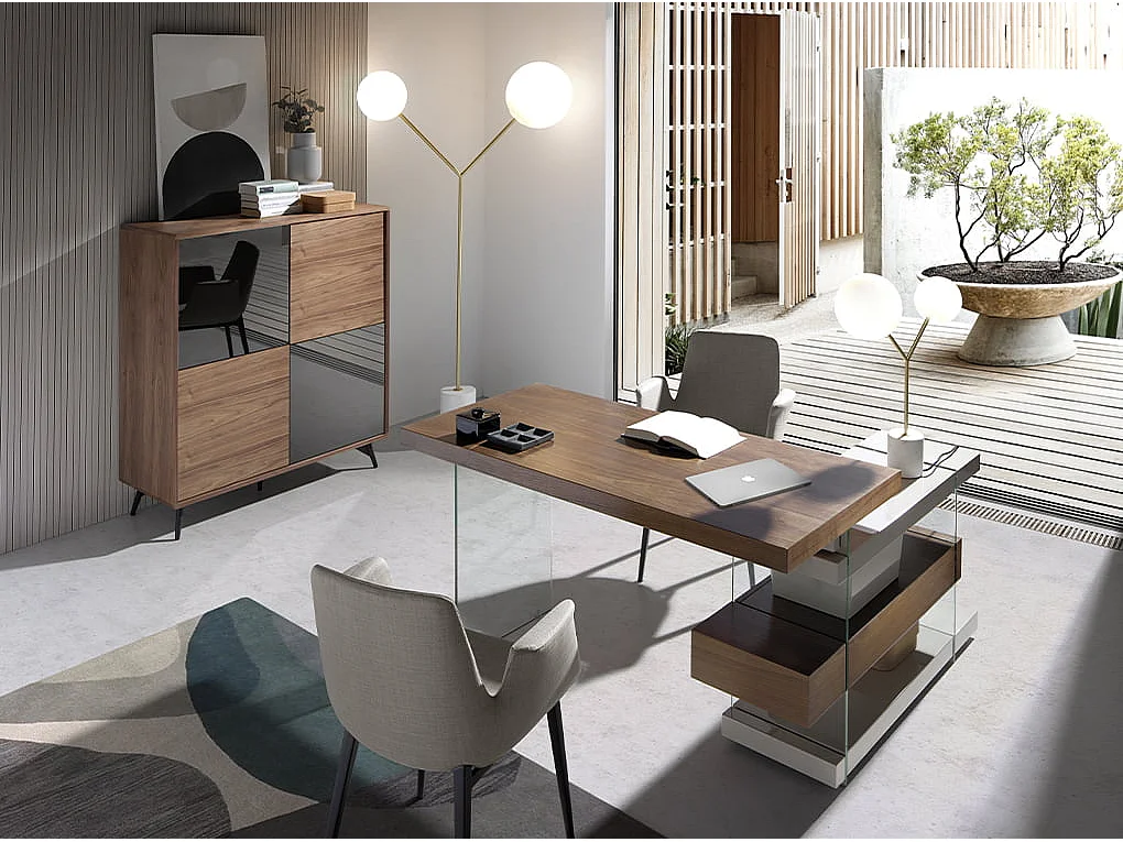 Hoge buffetkast met spiegeleffect van zwart glas, walnoot en zwart staal 3059 ANGEL CERDA