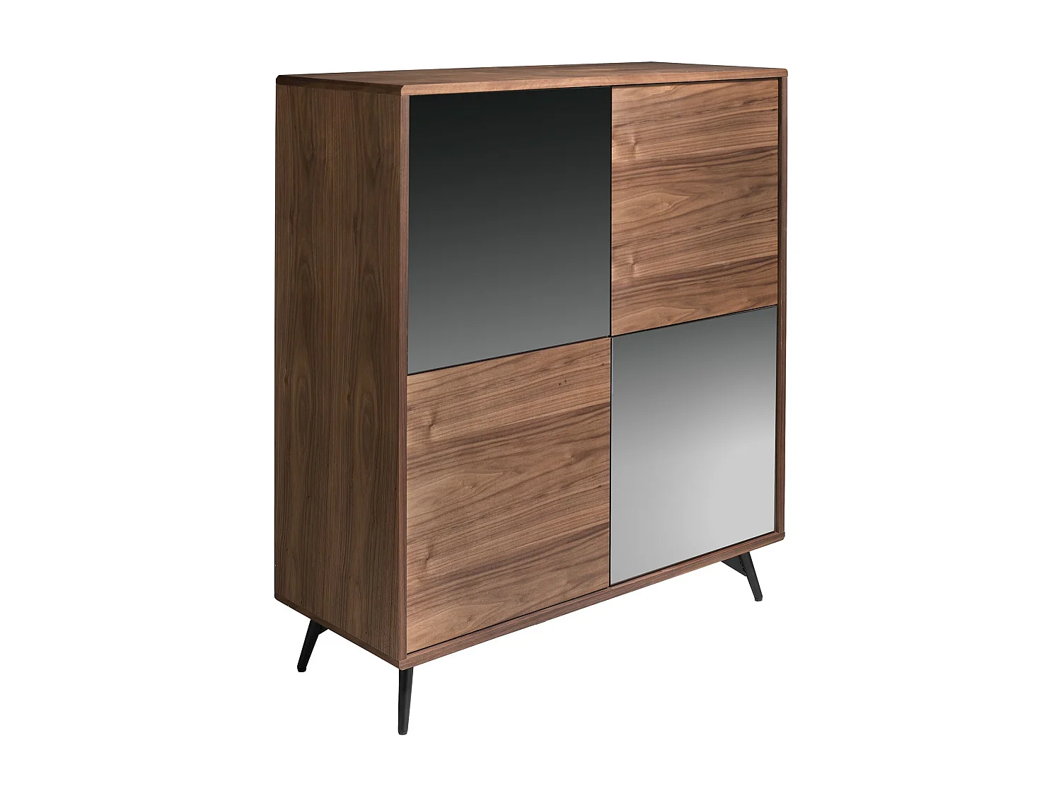 Hoge buffetkast met spiegeleffect van zwart glas, walnoot en zwart staal 3059 ANGEL CERDA