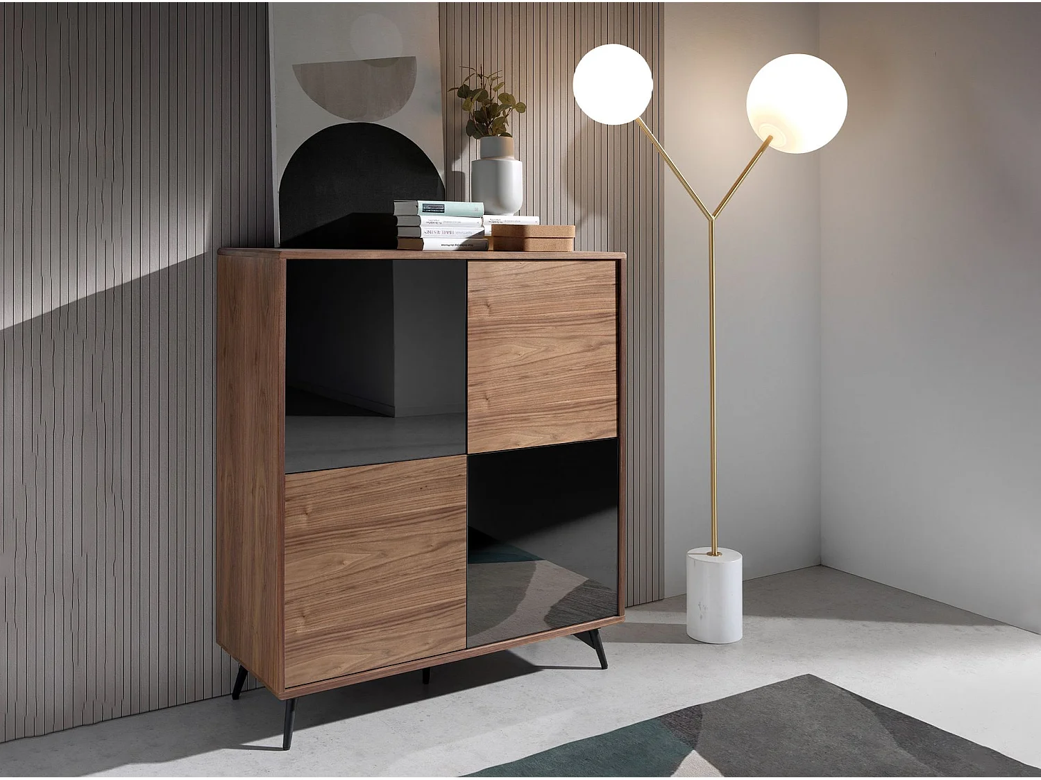 Sideboard aus schwarzem Glas mit Spiegeleffekt, Walnuss und schwarzem Stahl 3059 ANGEL CERDA