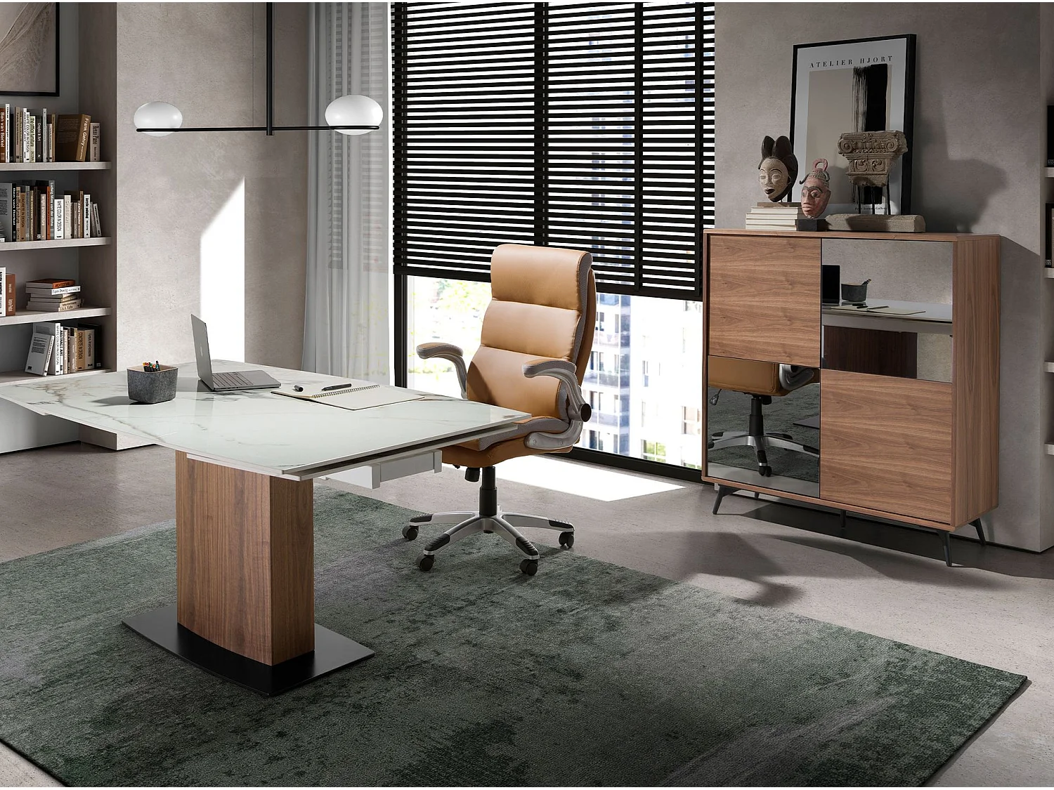 Sideboard aus schwarzem Glas mit Spiegeleffekt, Walnuss und schwarzem Stahl 3059 ANGEL CERDA
