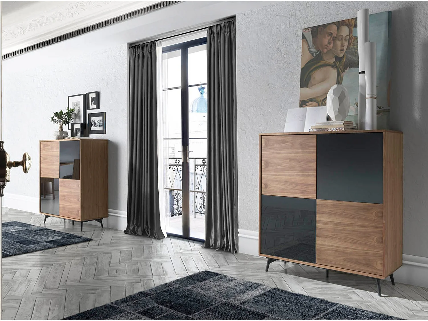 Sideboard aus schwarzem Glas mit Spiegeleffekt, Walnuss und schwarzem Stahl 3059 ANGEL CERDA