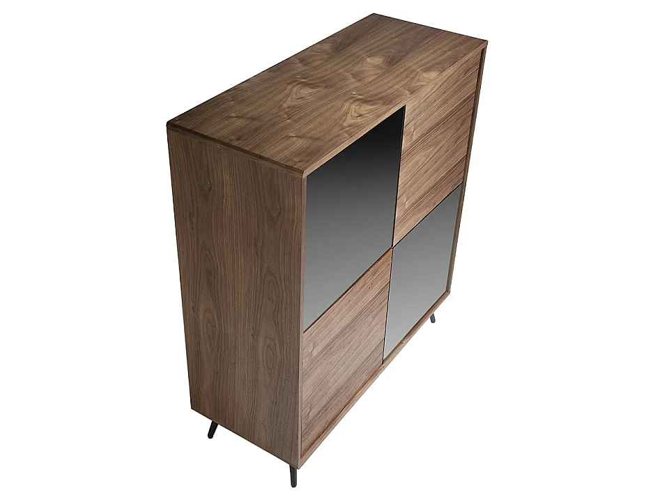 Credenza alta in vetro nero effetto specchio, noce e acciaio nero 3059 ANGEL CERDA