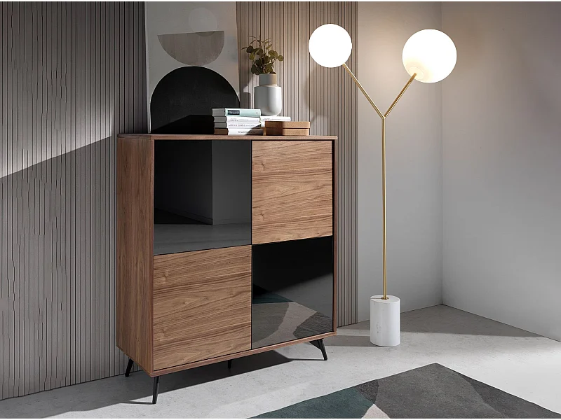 Hoge buffetkast met spiegeleffect van zwart glas, walnoot en zwart staal 3059 ANGEL CERDA