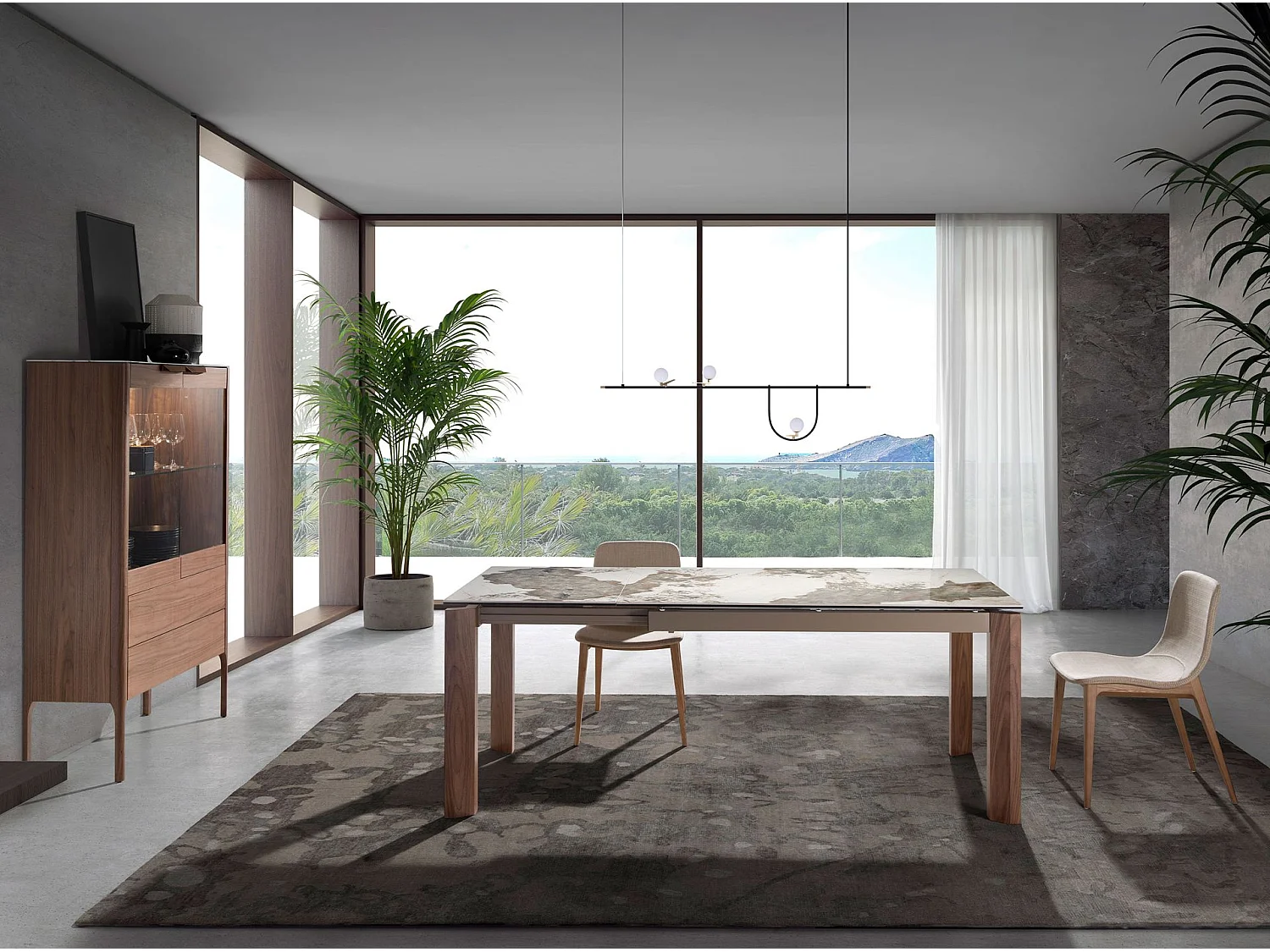 Notenhouten hoog dressoir met imitatie marmeren glazen blad en binnenverlichting 3075 ANGEL CERDA