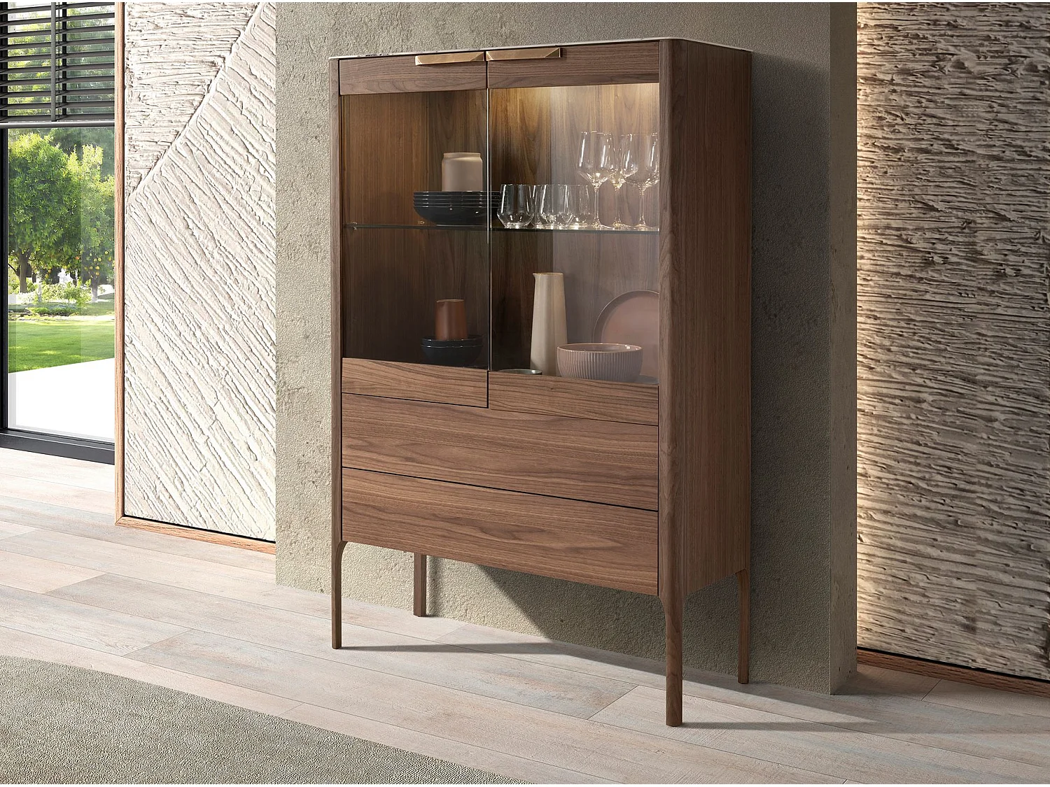 Buffet haut en noyer avec plateau en verre imitation marbre et éclairage intérieur 3075 ANGEL CERDA