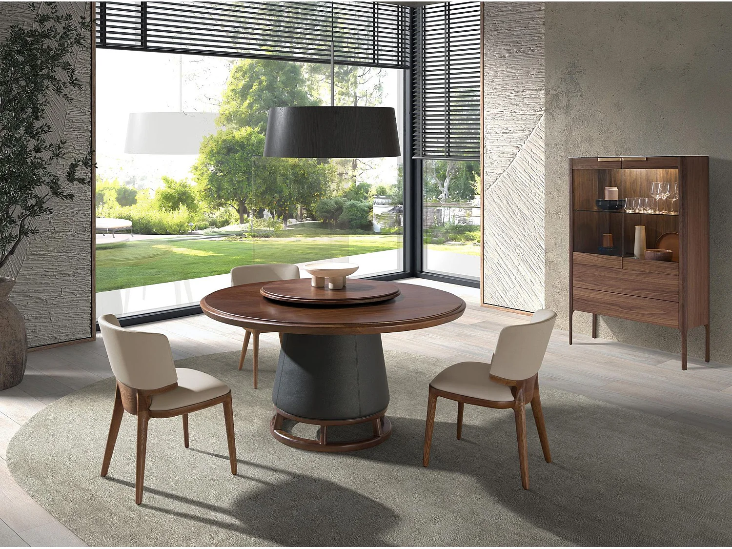 Buffet haut en noyer avec plateau en verre imitation marbre et éclairage intérieur 3075 ANGEL CERDA