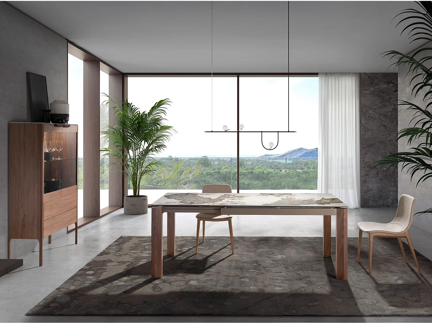 Aparador alto em nogueira com tampo de vidro em imitação de mármore e iluminação interior 3075 ANGEL CERDA