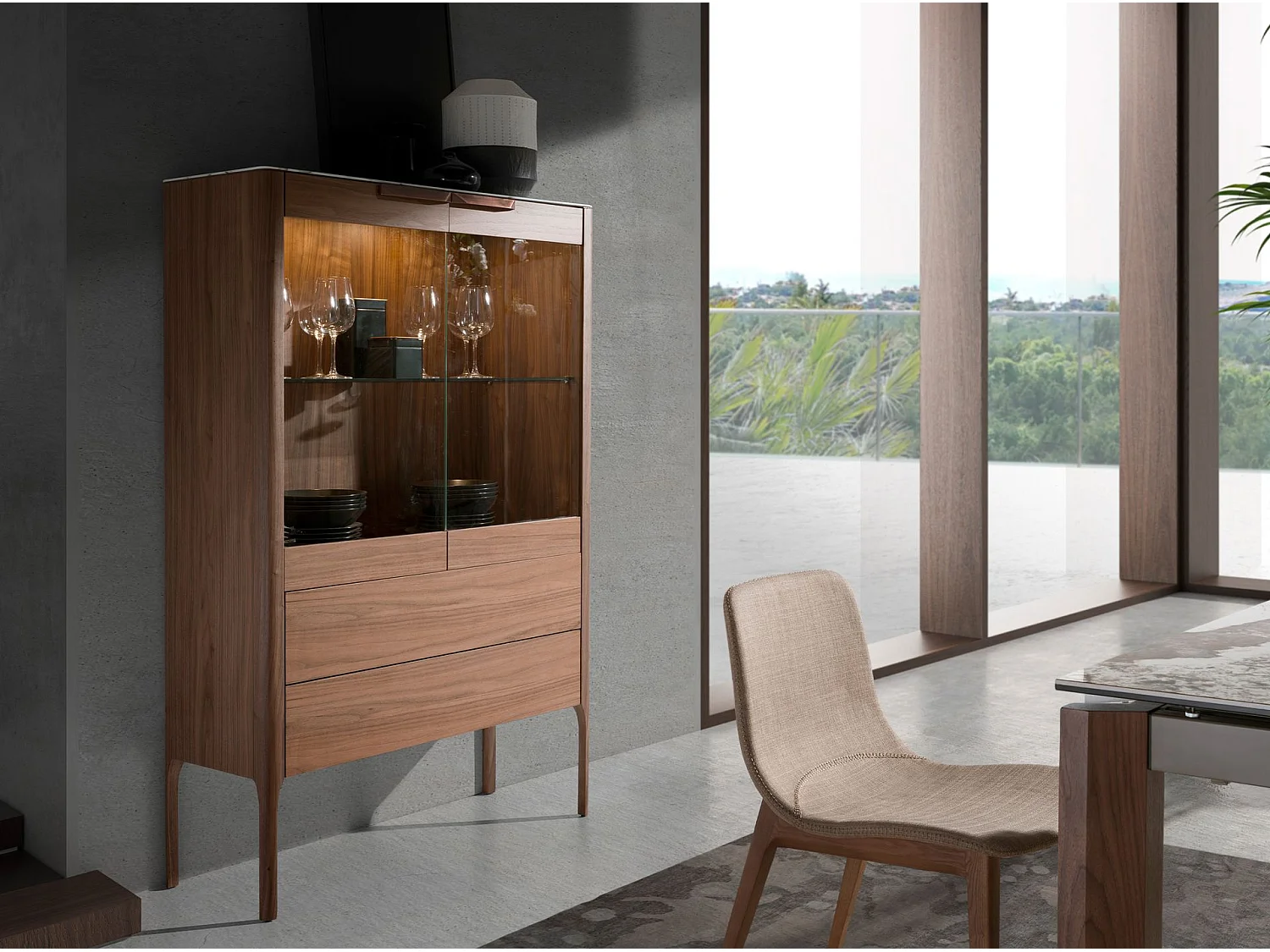 Aparador alto em nogueira com tampo de vidro em imitação de mármore e iluminação interior 3075 ANGEL CERDA