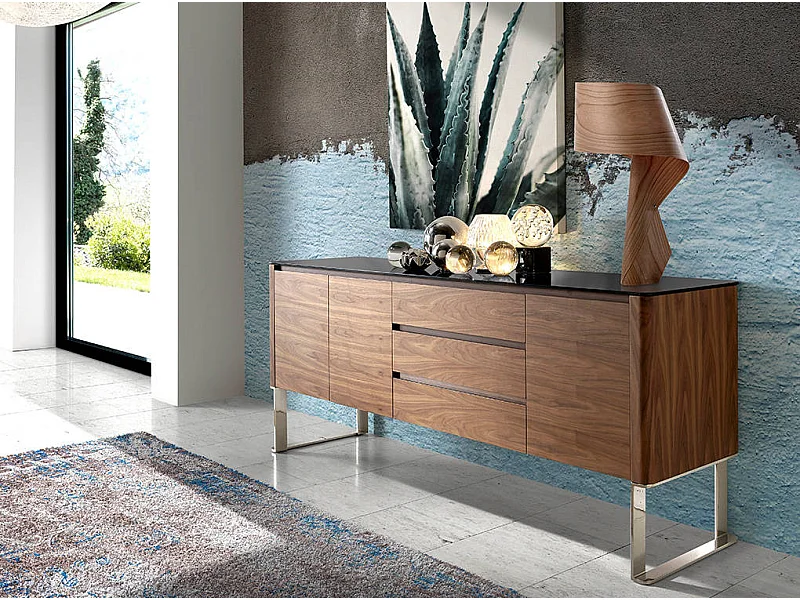 Sideboard Nussbaum, verchromter Stahl und schwarze Glasplatte 3060 ANGEL CERDA