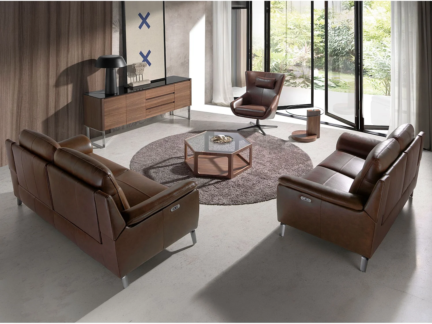 Sideboard Nussbaum, verchromter Stahl und schwarze Glasplatte 3060 ANGEL CERDA