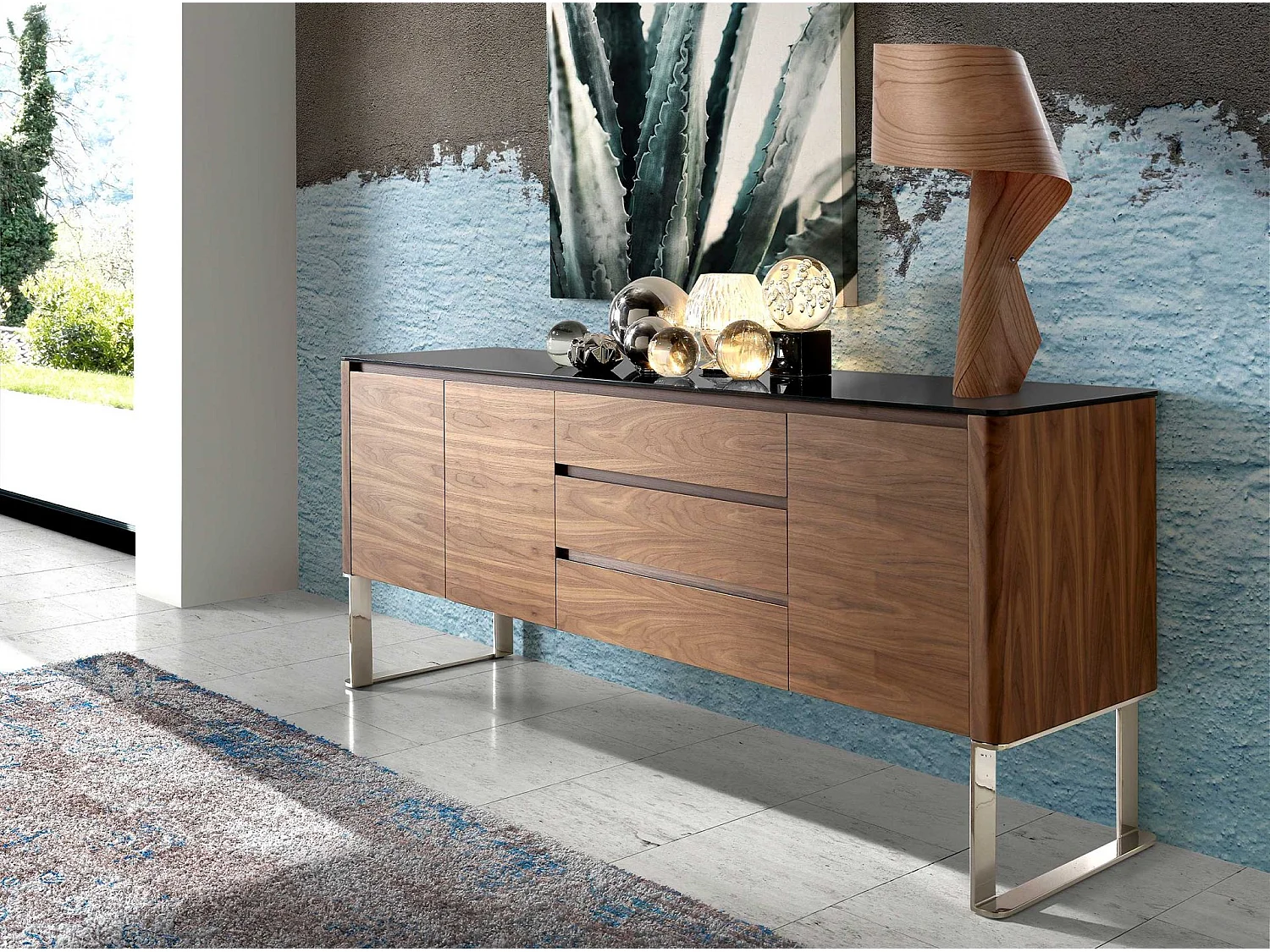 Sideboard Nussbaum, verchromter Stahl und schwarze Glasplatte 3060 ANGEL CERDA
