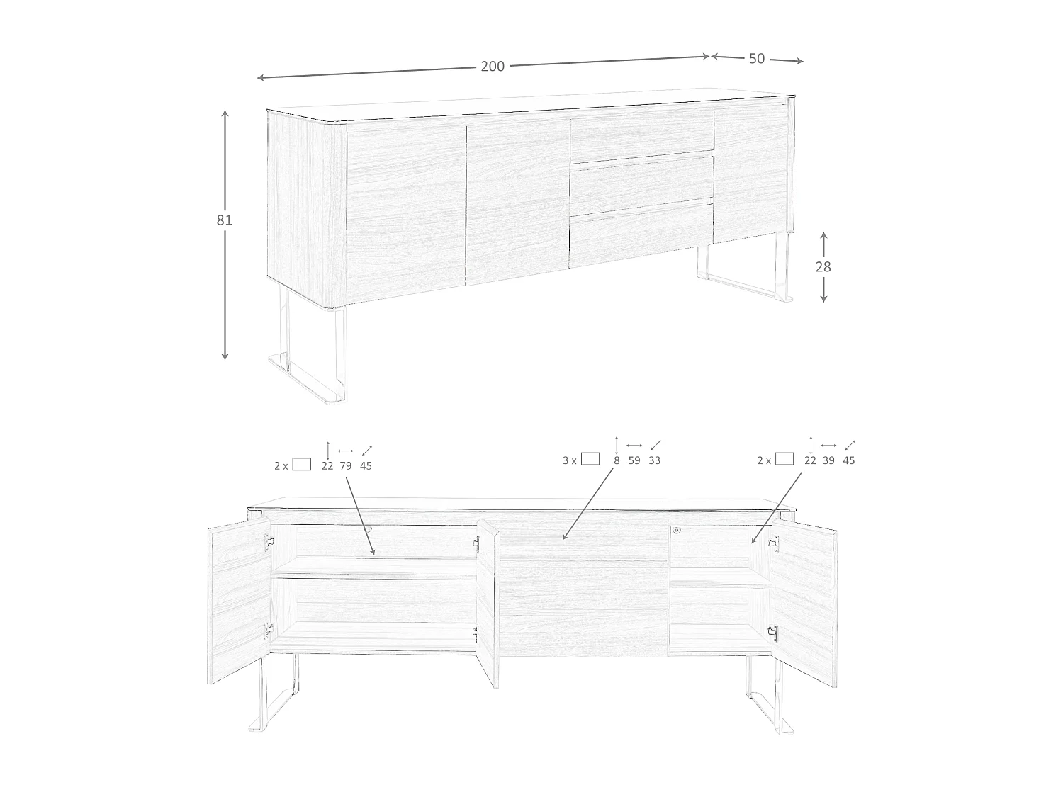 Sideboard Nussbaum, verchromter Stahl und schwarze Glasplatte 3060 ANGEL CERDA
