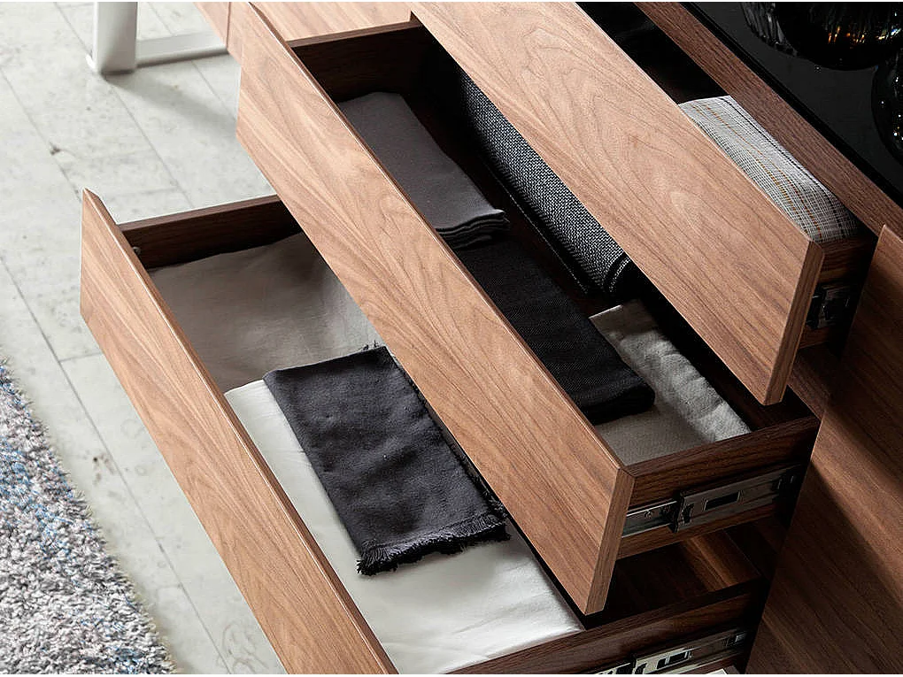 Sideboard Nussbaum, verchromter Stahl und schwarze Glasplatte 3060 ANGEL CERDA