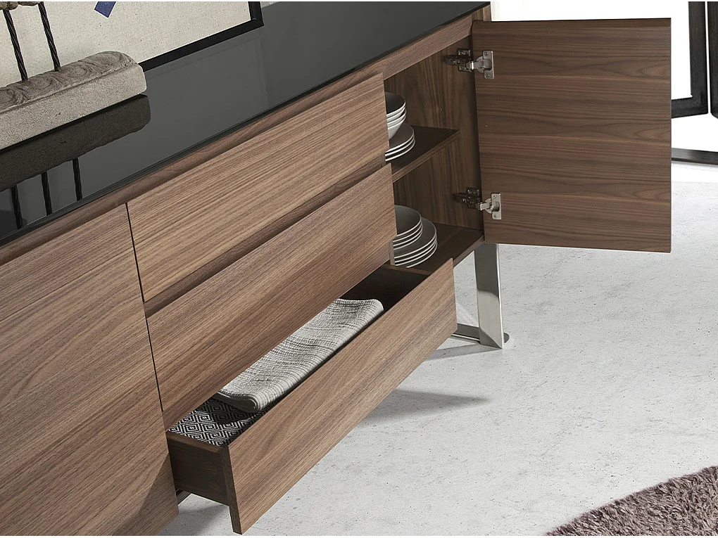 Buffet noyer, acier chromé et plateau en verre noir 3060 ANGEL CERDA