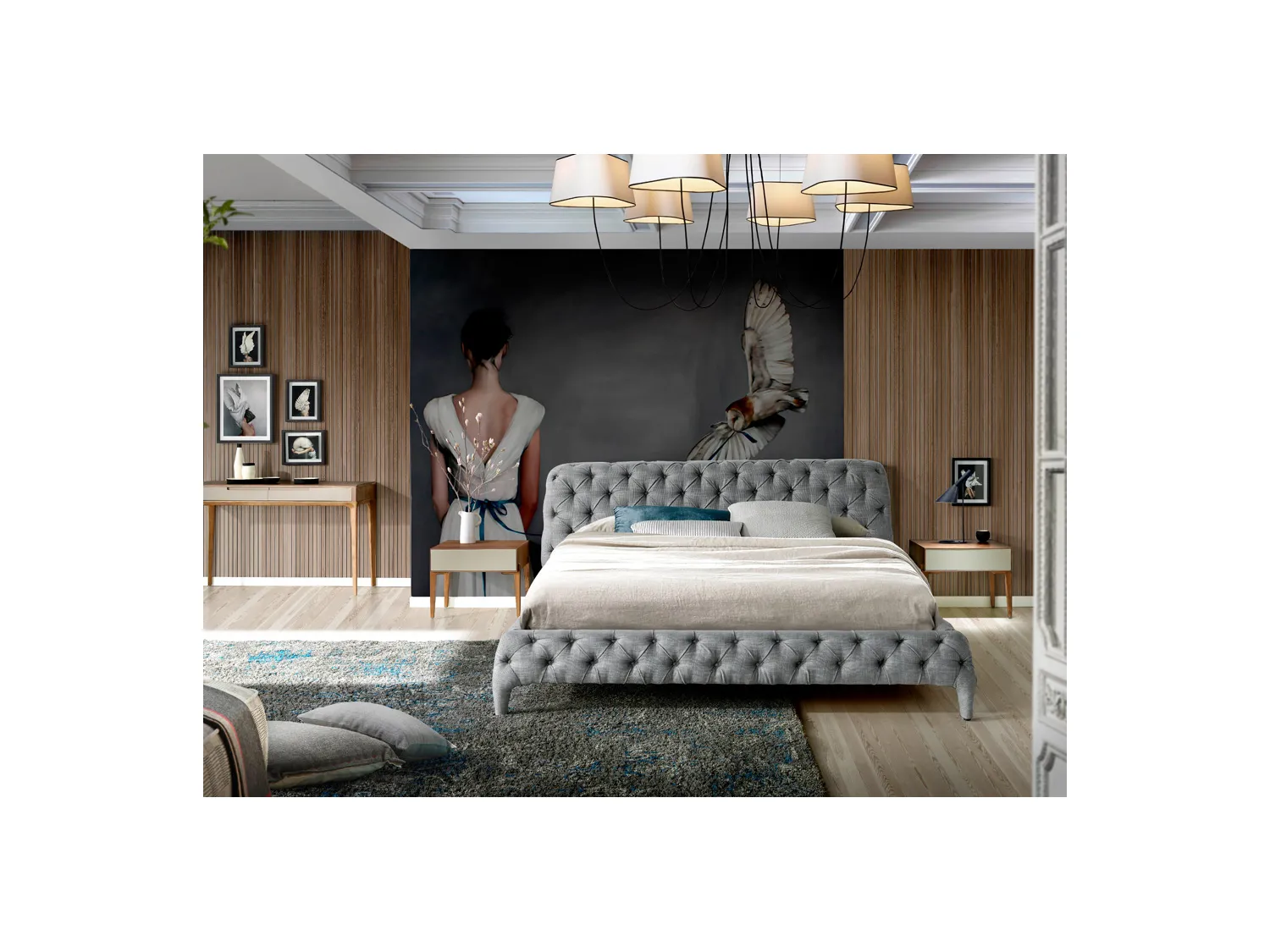 Gestoffeerd bed in grijze stof met gewatteerde bekleding 7029 ANGEL CERDA