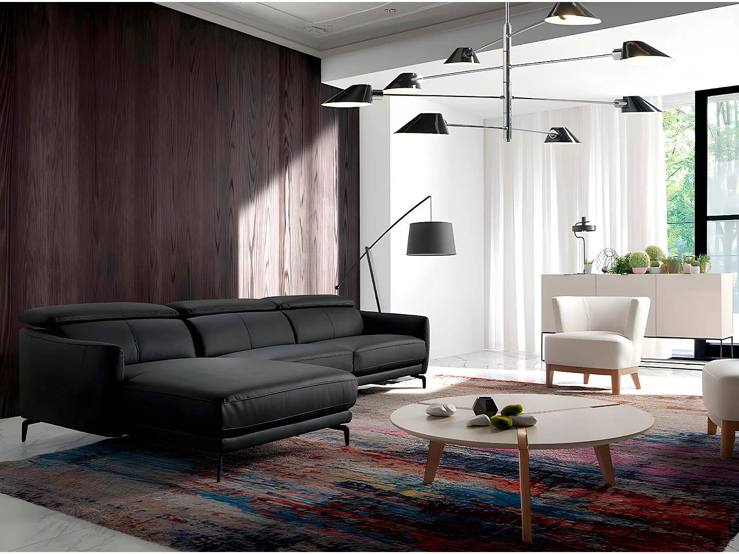 Chaiselongue-Sofa schwarzem Rindsleder 6040 ANGEL CERDA