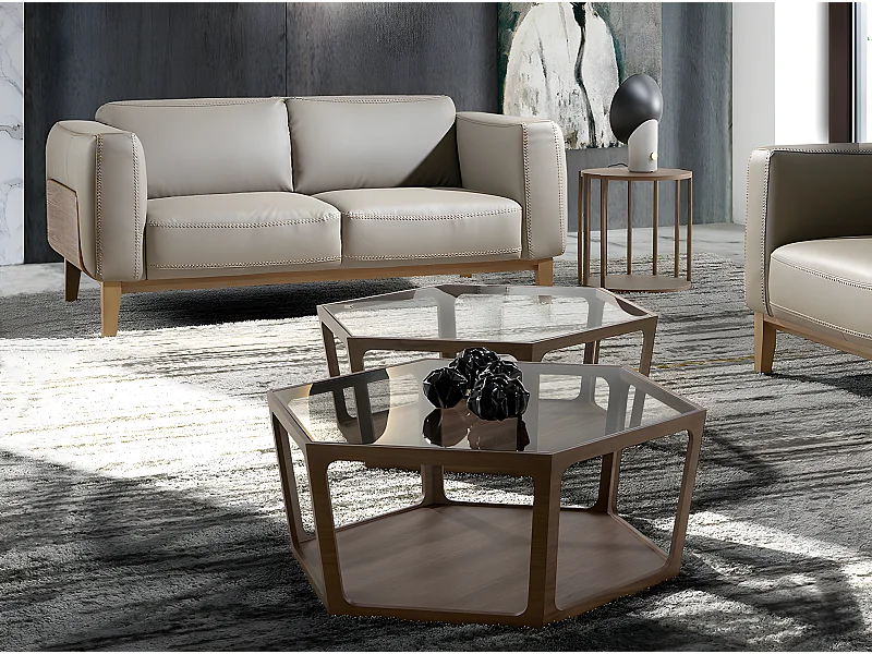 Sofá 2 plazas tapizado piel detalles nogal  6028 ANGEL CERDA