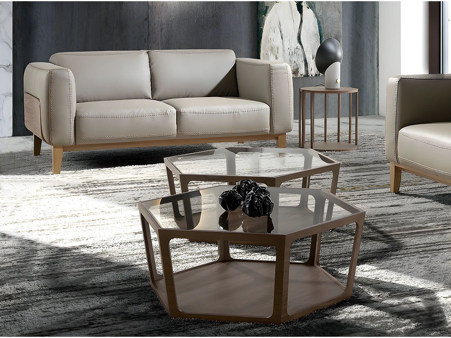 2-zitsbank gestoffeerd in leer met notenhouten details 6028 ANGEL CERDA