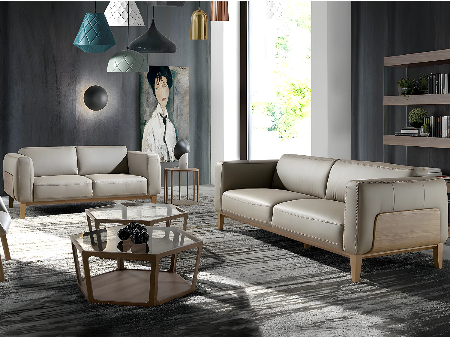 2-zitsbank gestoffeerd in leer met notenhouten details 6028 ANGEL CERDA