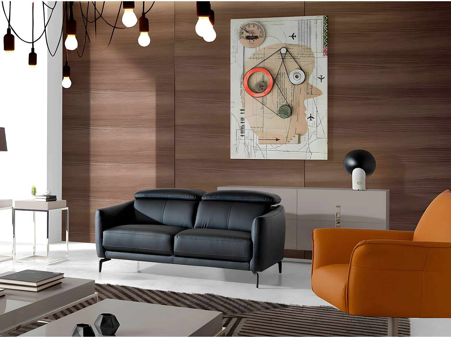 Sofá de 2 lugares estofado em couro de vaca preto com estrutura de madeira de pinho natural  6058