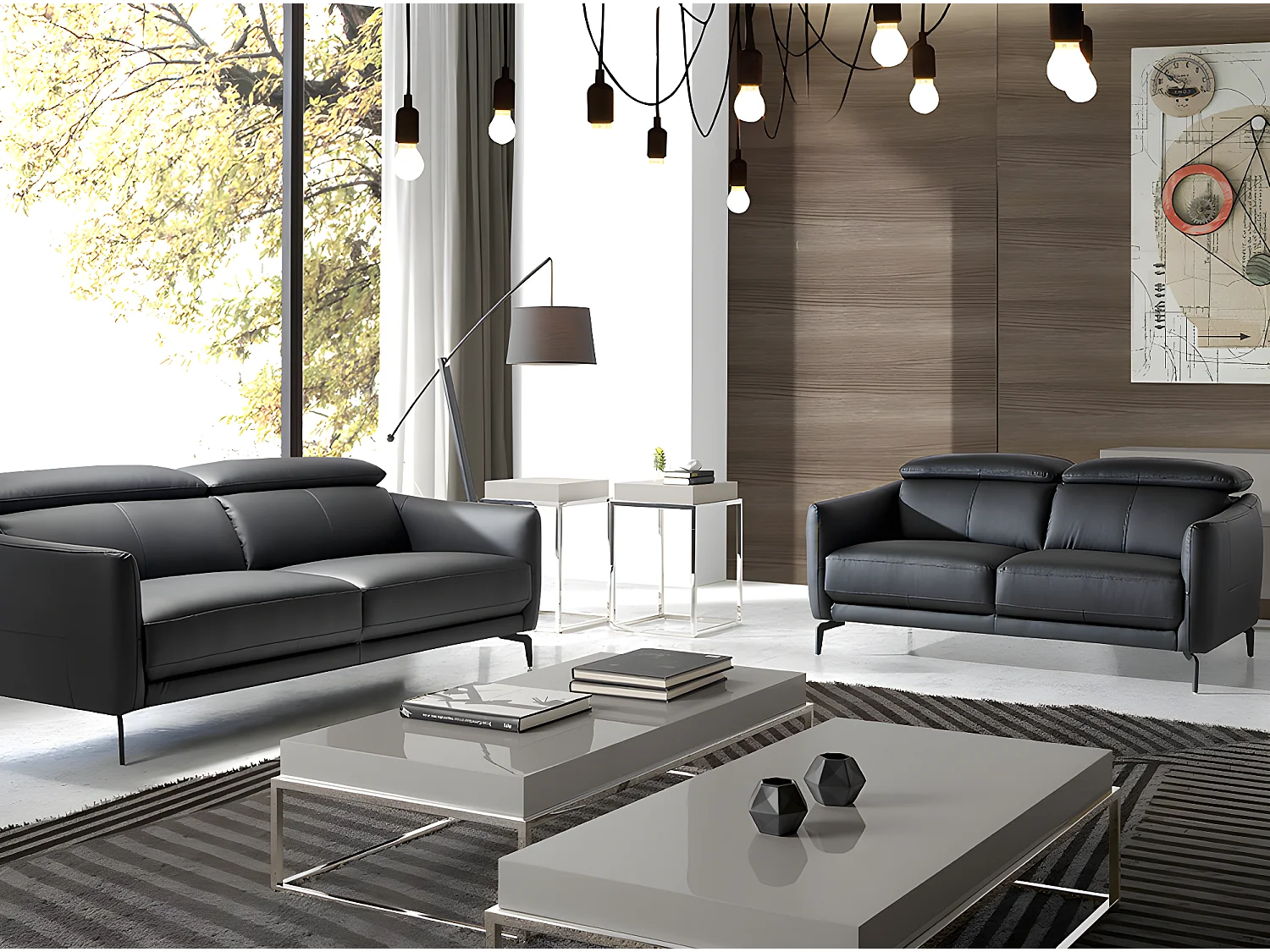 Sofá de 2 lugares estofado em couro de vaca preto com estrutura de madeira de pinho natural  6058