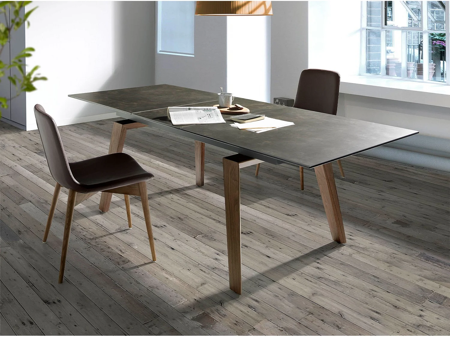 Table à manger à rallonge rectangulaire marbre porcelaine et noyer 1026 ANGEL CERDA