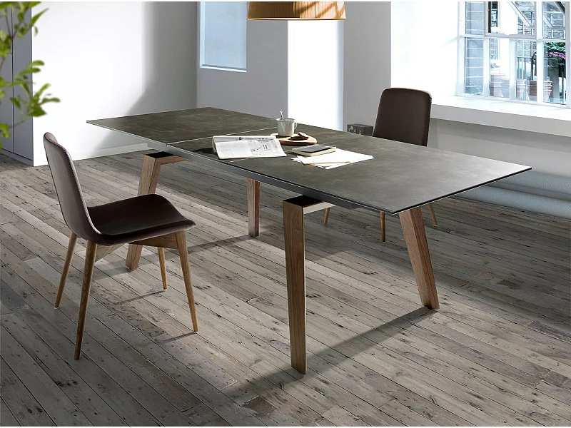 Table à manger à rallonge rectangulaire marbre porcelaine et noyer 1026 ANGEL CERDA