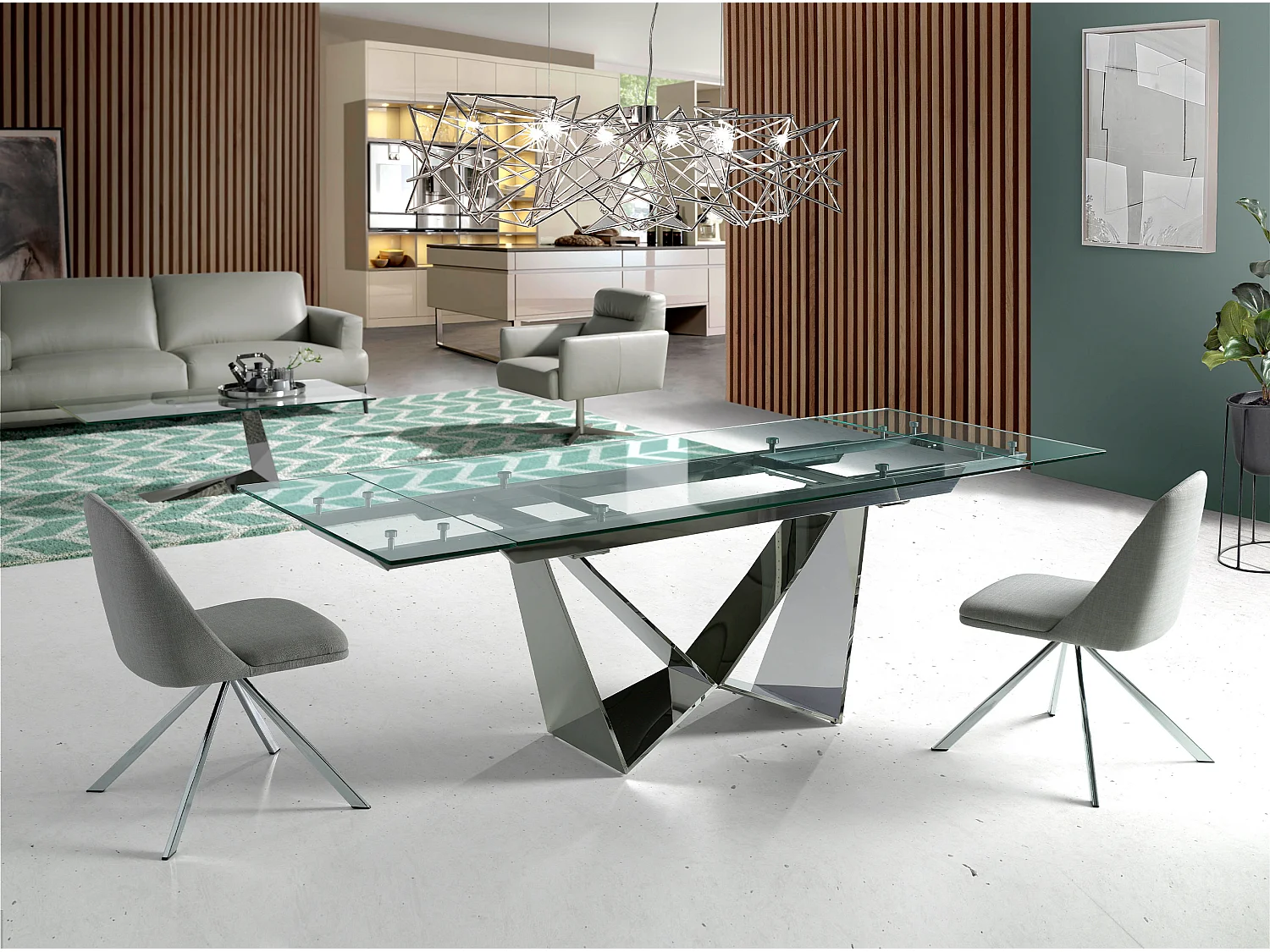 Rozkładany stół do jadalni prostokątny szkło hartowane i stal chromowana 1027 ANGEL CERDA