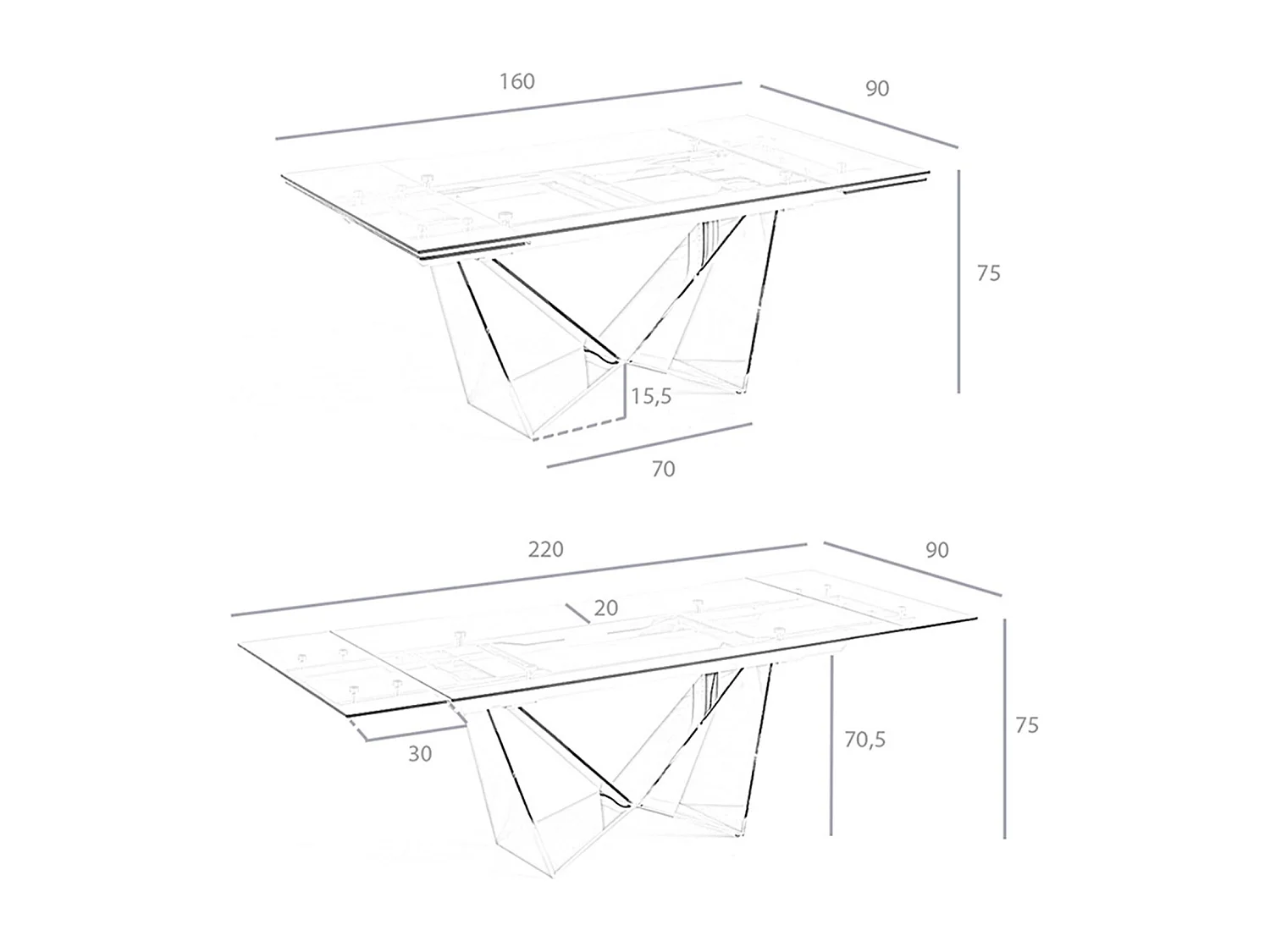 Table à manger à rallonge rectangulaire verre trempé et acier chromé 1027 ANGEL CERDA