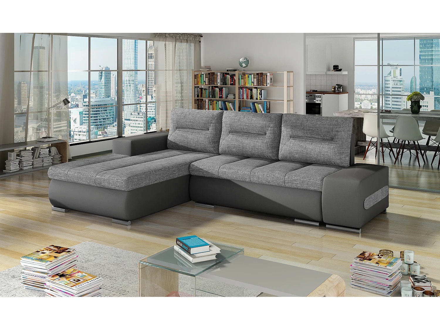 Canapé convertible angle gauche tissu gris clair et simili gris Waker 275cm