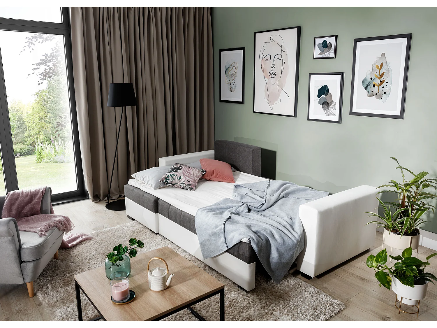 Canapé d'angle convertible et réversible tissu vert clair et simili cuir blanc Zelly 237cm