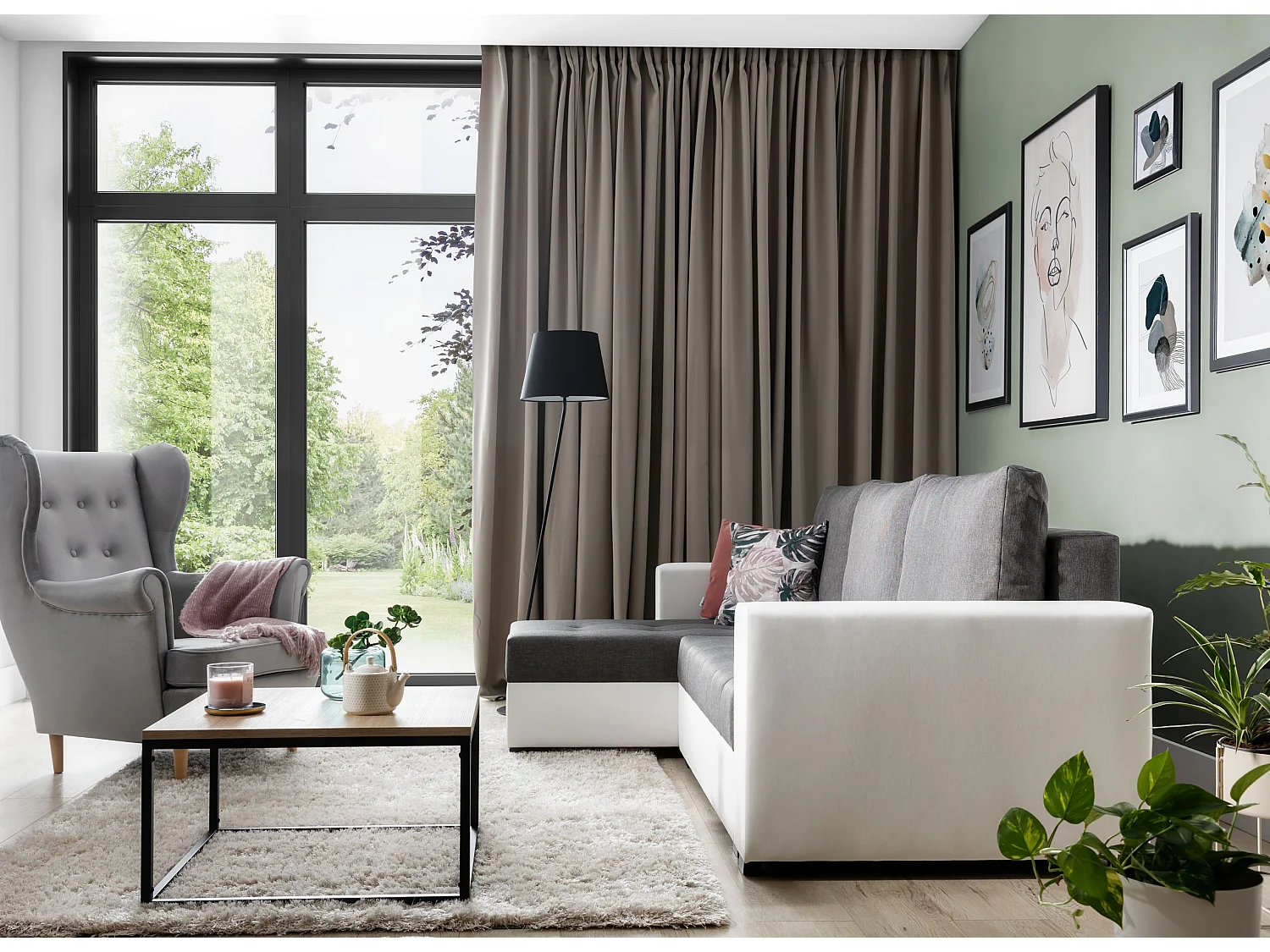 Canapé d'angle convertible et réversible tissu vert clair et simili cuir blanc Zelly 237cm