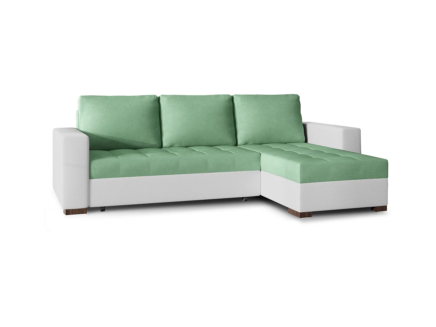 Canapé d'angle convertible et réversible tissu vert clair et simili cuir blanc Zelly 237cm
