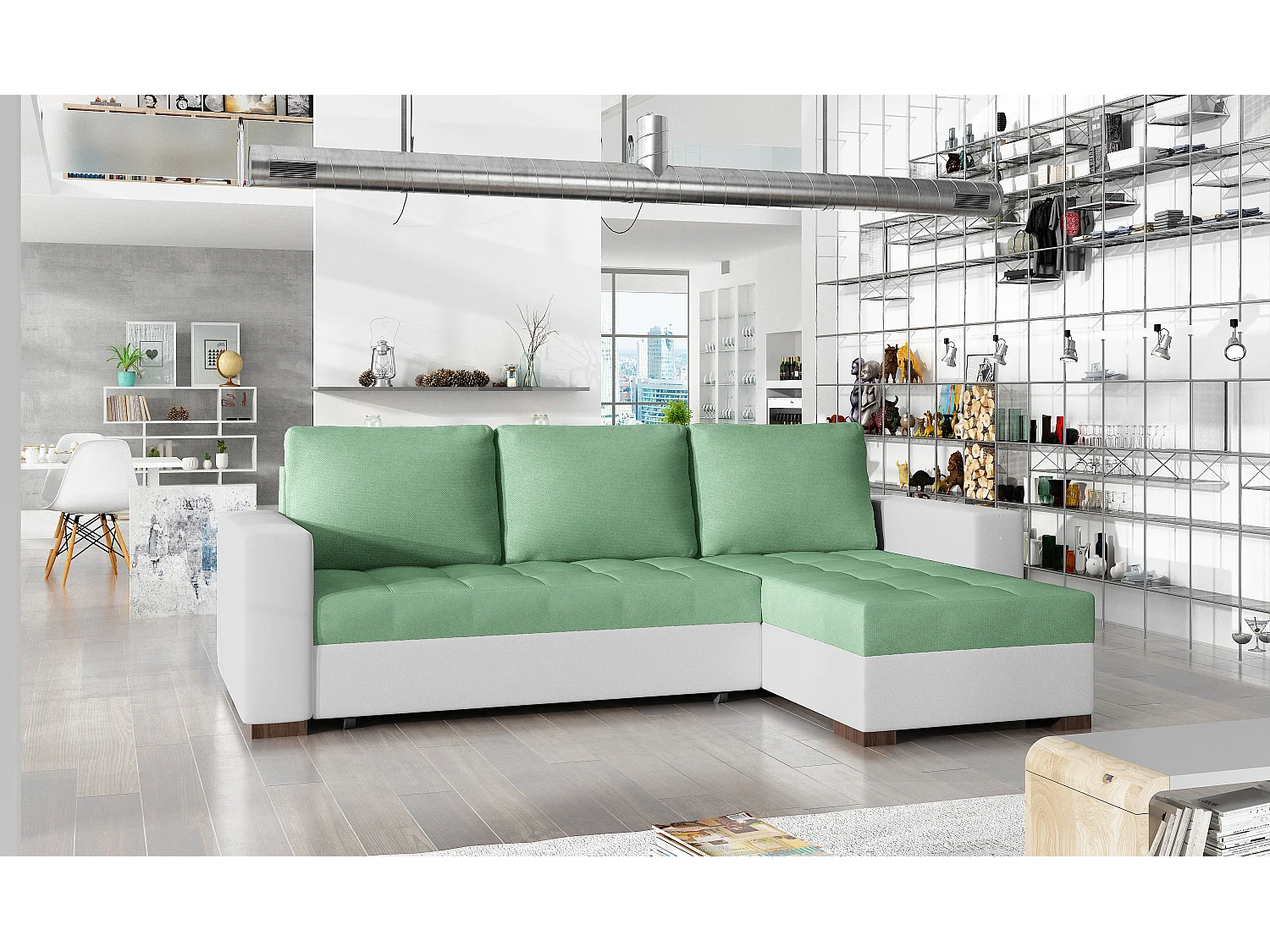 Canapé d'angle convertible et réversible tissu vert clair et simili cuir blanc Zelly 237cm